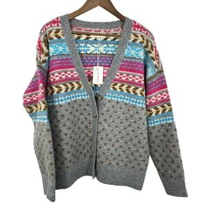 Lucky Brand Fair Isle Cardigan Sweater Gray Cozy Knit Cabincore Colorful NWT